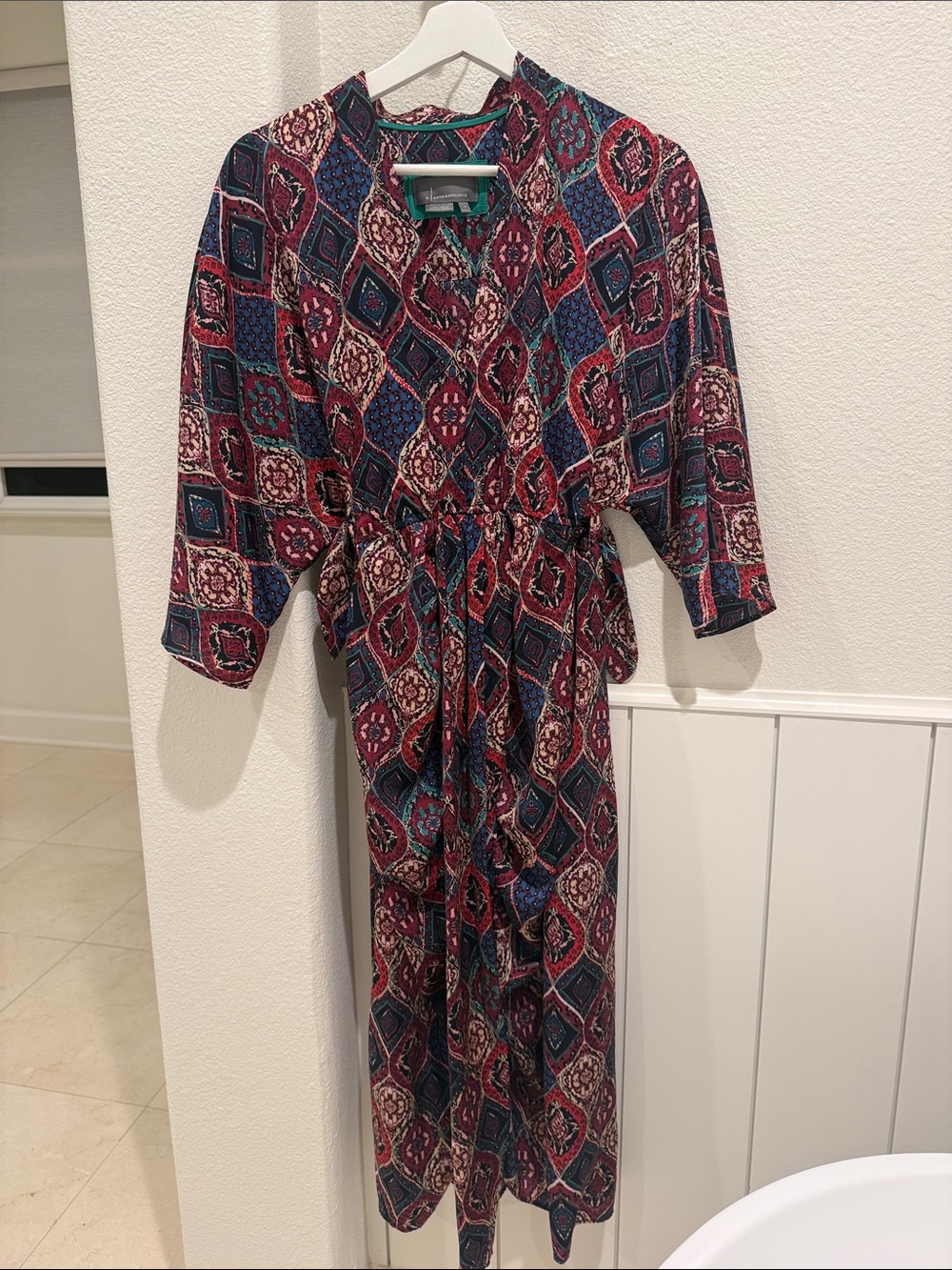 Anthropologie Burgundy and Teal Printed Maxi Dress